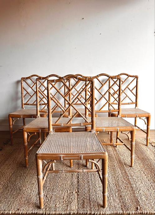 6 Faux Bamboo Chipoendale stoeken vintage, Huis en Inrichting, Stoelen, Vijf, Zes of meer stoelen, Hout, Bruin, Ophalen