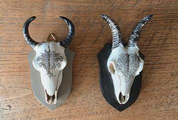 NIEUW 2 wanddecoraties van dierenschedels op schildje H 12cm beschikbaar voor biedingen