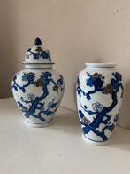 Set vintage vaas en dekselpot blauw en wit, Aziatisch motief, Ophalen of Verzenden
