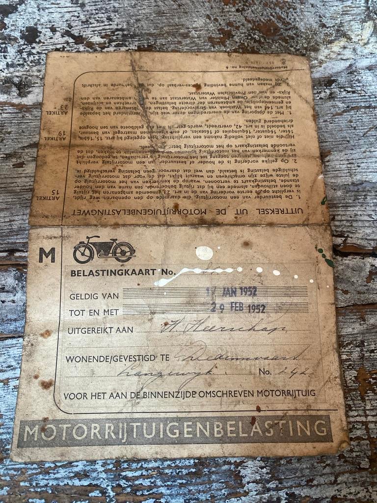 Oude Motorrijtuigenbelastingkaart 1952, Verzamelen, Ophalen of Verzenden, Gebruikt, Motoren