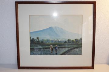 Aquarel landschap rijstvelden sawa's Indonesie Indie Rudy beschikbaar voor biedingen