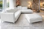 Luxe witte leren hoekbank met hocker, Huis en Inrichting, Ophalen, 250 tot 300 cm, 100 tot 125 cm, Hoekbank