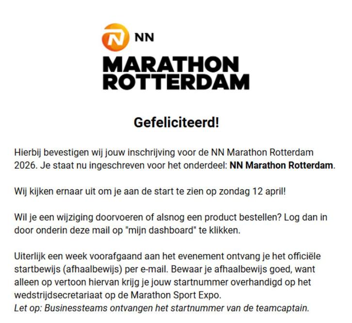 Startbewijs marathon Rotterdam, Sport en Fitness, Loopsport en Atletiek, Nieuw, Overige typen, Hardlopen, Overige merken, Ophalen