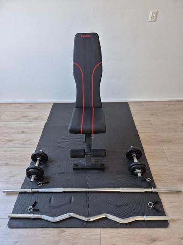 Fitness bank met 2 halters, 2 stangen en 6 matten beschikbaar voor biedingen