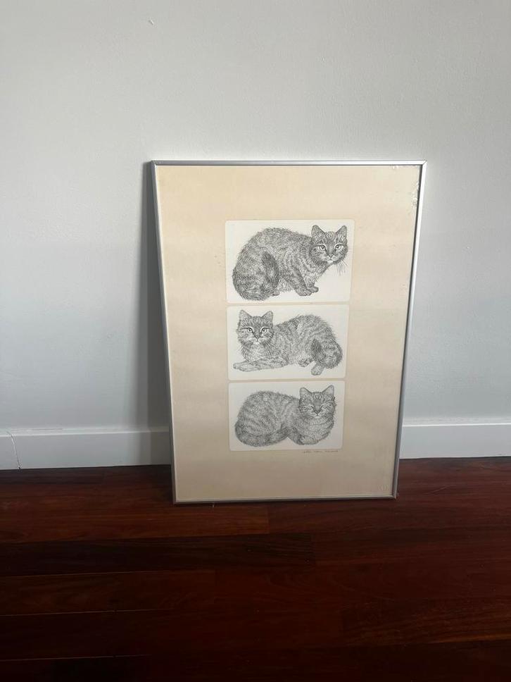 Ella van Schaik - Drie Katten Ets - 50x70cm, Antiek en Kunst, Kunst | Tekeningen en Foto's, Ophalen of Verzenden