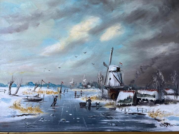 Henk Poeder, sfeervol wintergezicht, Antiek en Kunst, Kunst | Schilderijen | Klassiek, Ophalen