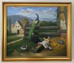 Prachtig handgeschilderd doek met pauw en boerderijdieren, Antiek en Kunst, Kunst | Schilderijen | Klassiek, Ophalen of Verzenden