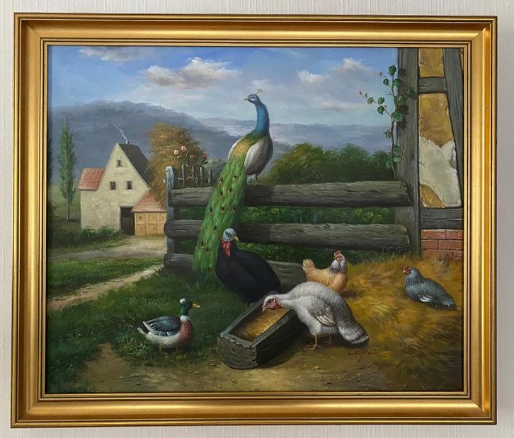 Prachtig handgeschilderd doek met pauw en boerderijdieren, Antiek en Kunst, Kunst | Schilderijen | Klassiek, Ophalen of Verzenden