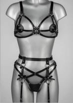 VoyeurX leren halter bh + Jarretels, Kleding | Dames, VoyeurX, Verzenden, Zwart, Setje
