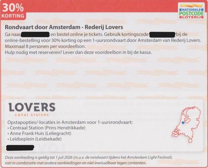 Rondvaart door Amsterdam - Rederij Lovers. 30% korting., Tickets en Kaartjes, Kortingen en Cadeaubonnen, Drie personen of meer