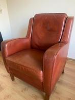 Cognac fauteuil met kersen pootjes, Ophalen, Gebruikt, Leer, 75 tot 100 cm