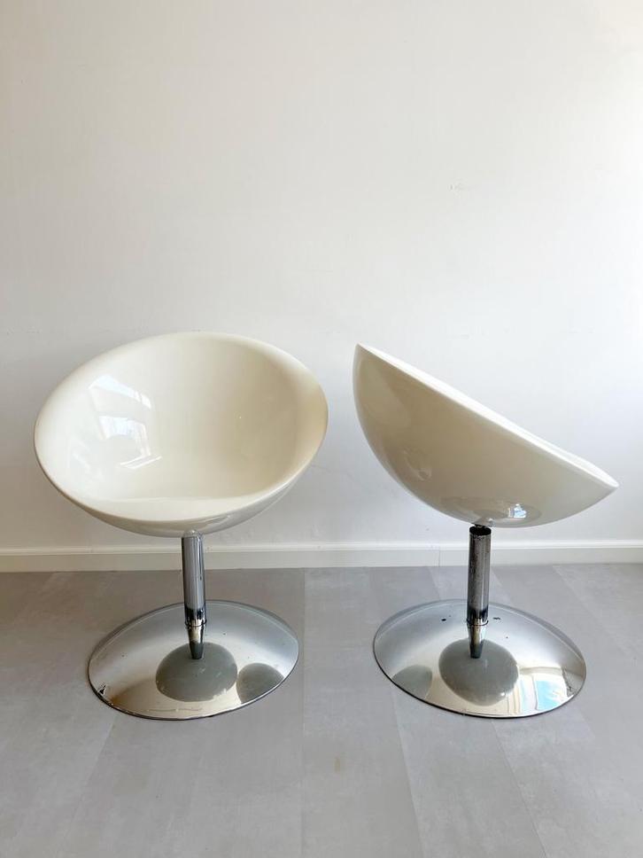 Vintage Space Age kuipstoelen wit/chroom, set van 2, Huis en Inrichting, Stoelen, Gebruikt, Twee, Kunststof, Wit, Ophalen