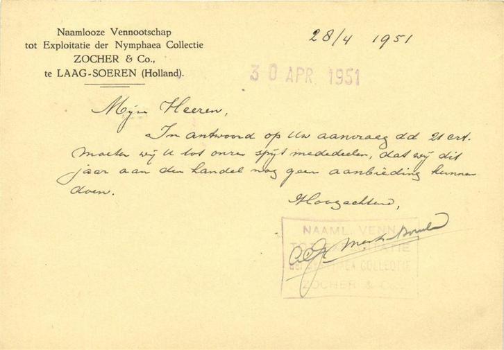 Zocher + Co., Laag-Soeren - 04.1951 - briefkaart, Postzegels en Munten, Brieven en Enveloppen | Nederland, Envelop, Ophalen of Verzenden
