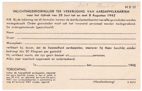 Document 1942 Inlichtingenformulier Aardappelkaarten Oorlog, Verzamelen, Militaria | Tweede Wereldoorlog, Overige soorten, Overige typen