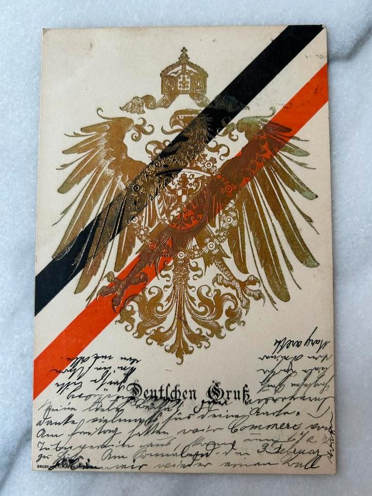 Ansichtskaart deutscher gruss adelaar goud 1900, Verzamelen, Militaria | Algemeen, Landmacht, Foto of Poster, Nederland, Ophalen of Verzenden