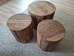 3 Robuuste Bijzet-/Salontafels Oud Hout met Wielen, Ophalen