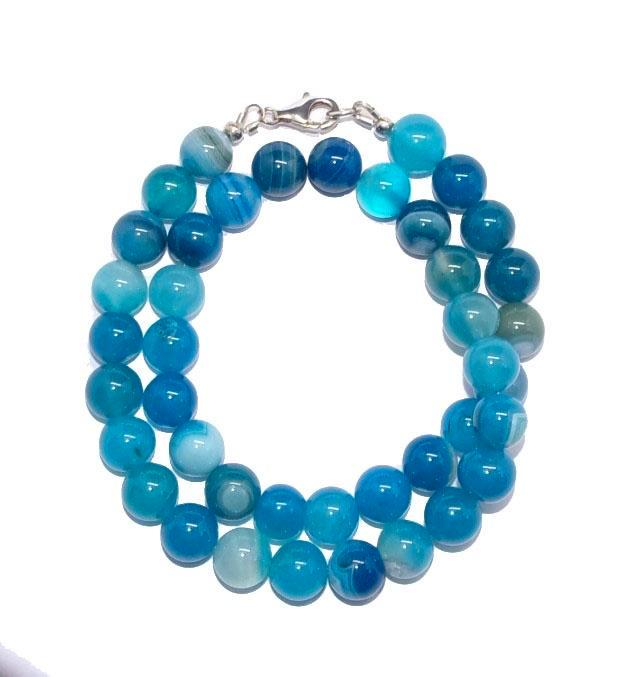 Halsketting Agaat blauw  Kralen 10 mm 925 sterling zilver, Verzamelen, Mineralen en Fossielen, Mineraal, Ophalen of Verzenden