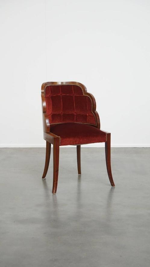 Art Deco eetkamer/ bijzetstoel met luxe rode bekleding, Huis en Inrichting, Stoelen, Gebruikt, Eén, Hout, Stof, Rood, Ophalen