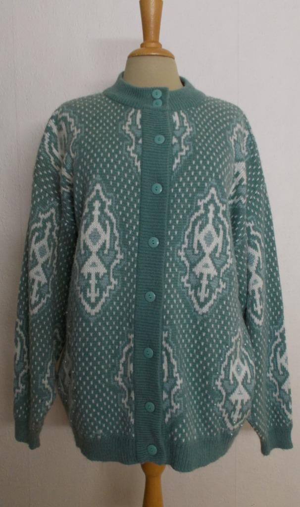 Folklore groen/wit vintage wol mix print vest! XL, Kleding | Dames, Truien en Vesten, Zo goed als nieuw, Maat 46/48 (XL) of groter