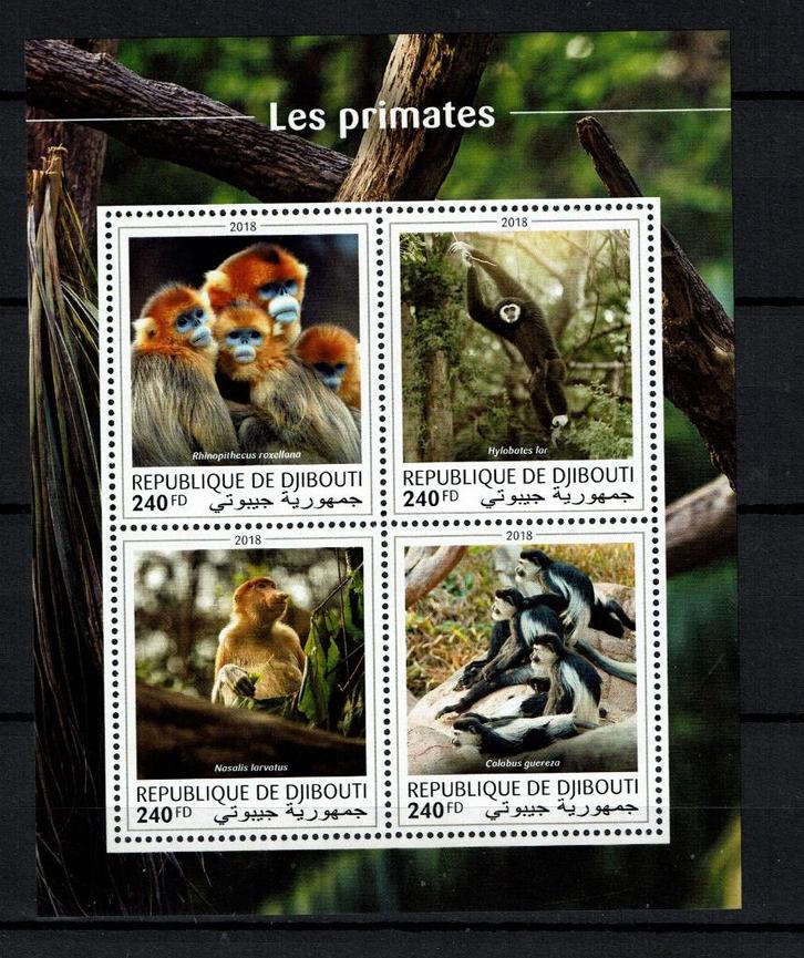 djibouti 2018 pf blok apen monkey's wildlife zoogdieren 1, Postzegels en Munten, Postzegels | Thematische zegels, Postfris, Dier of Natuur
