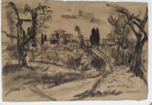Johannes (Johan) Dijkstra (1896) Inkt Papier "Landschap" Ges, Antiek en Kunst, Kunst | Schilderijen | Modern, Ophalen of Verzenden