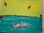 Schilderij van 2 zwanen en wat andere dieren, Ophalen of Verzenden