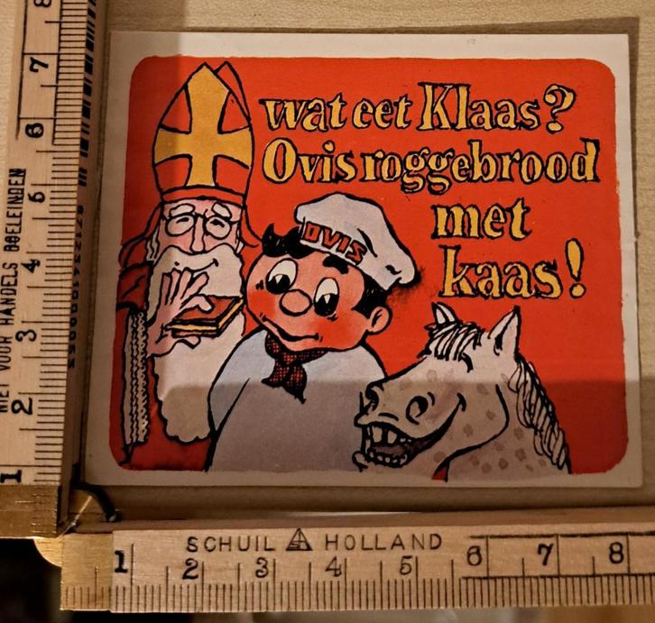 Vintage sticker sinterklaas wat eet Klaas Ovis roggebrood, Verzamelen, Stickers, Zo goed als nieuw, Ophalen of Verzenden