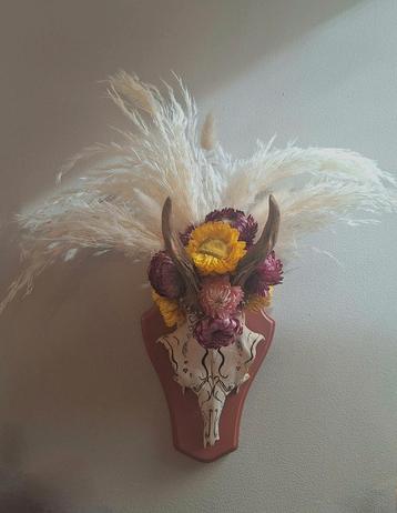 Wanddecoratie met ree gewei en droogbloemwn beschikbaar voor biedingen