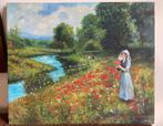 Meisje in een bloemenweide - schilderij olieverf op doek, Ophalen of Verzenden