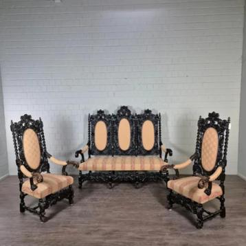 24665 Bankstel 2 Stoelen en 3-Zits Bank Historisme 1870 Eike beschikbaar voor biedingen
