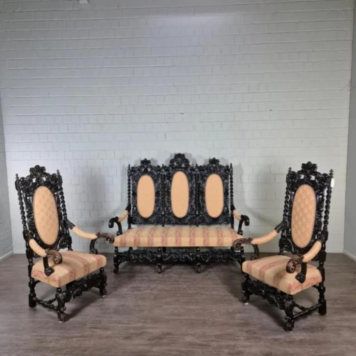 24665 Bankstel 2 Stoelen + 3-Zits Bank Historisme 1870 Eiken, Huis en Inrichting, Banken | Bankstellen, Gebruikt, 75 tot 100 cm