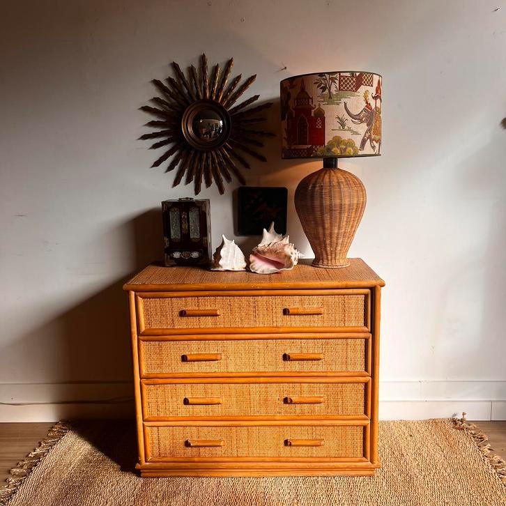 Rotan ladekast commode vintage, Huis en Inrichting, Kasten | Ladekasten, Zo goed als nieuw, Minder dan 100 cm, 50 tot 100 cm, 25 tot 50 cm