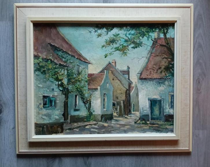 Jan Verhoeven (1917-1997) - Dorpsgezicht - Straat met huizen, Antiek en Kunst, Kunst | Schilderijen | Klassiek, Ophalen of Verzenden