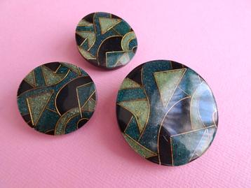 jwg Vintage 80s Art Deco st oorbellen broche set groen zwart beschikbaar voor biedingen