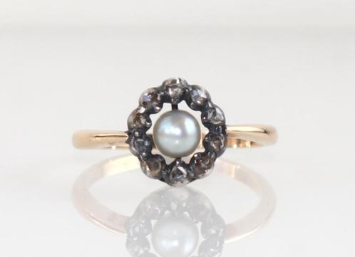 Antieke gouden ring met parel en roosdiamant, Sieraden, Tassen en Uiterlijk, Antieke sieraden, Ring, Goud, Met edelsteen, Ophalen of Verzenden