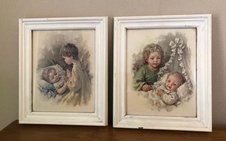 2 leuke brocante prentjes met kinderen, Huis en Inrichting, Woonaccessoires | Schilderijen, Tekeningen en Foto's, Gebruikt, Schilderij