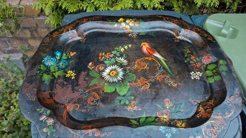 Vintage Dienblad met Vogel en Bloemen, Huis en Inrichting, Woonaccessoires | Dienbladen, Gebruikt, Metaal, Ovaal, Ophalen of Verzenden