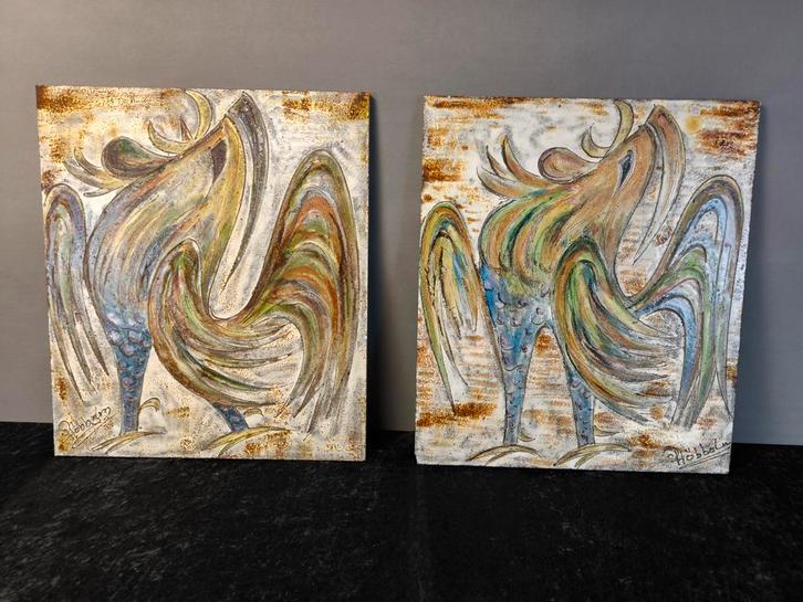 Grote vintage keramische wandpanelen haanmotief – 60x70 cm, Antiek en Kunst, Kunst | Schilderijen | Abstract, Ophalen