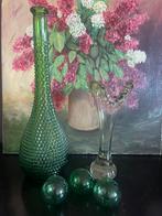 Groene Empoli en murano trompet vaas, Ophalen of Verzenden, Minder dan 50 cm, Groen, Glas