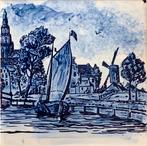 Oud  H&R Johnson Cristal Tegel met zeilschip en kerk Nr 7, Antiek en Kunst, Antiek | Wandborden en Tegels, Ophalen of Verzenden