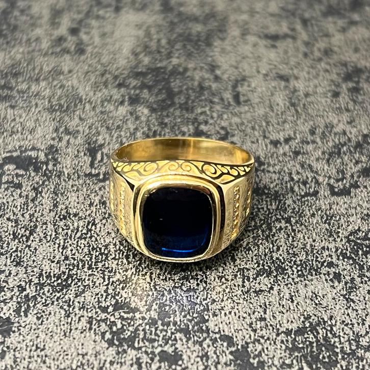 14 karaat gouden ring prachtig model blauw steen, Sieraden, Tassen en Uiterlijk, Ringen, Zo goed als nieuw, Heer, 20 of groter