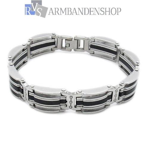 RVS heren armband met zwarte inleg 21 cm., Sieraden, Tassen en Uiterlijk, Armbanden, Nieuw, Staal, Zwart, Verzenden