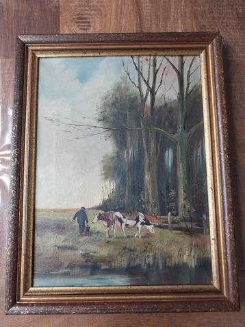 nostalgische oude schilderij boer met zijn koeien beschikbaar voor biedingen