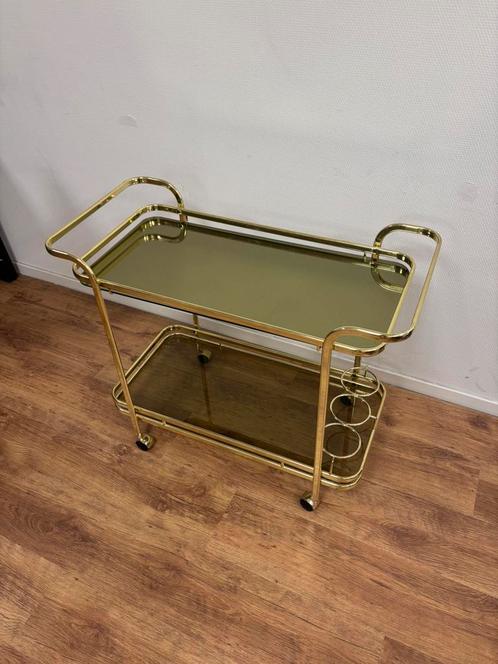 Vintage Hollywood Regency barcart / trolley goud & glas, Huis en Inrichting, Tafels | Sidetables, Gebruikt, 25 tot 50 cm, 50 tot 100 cm