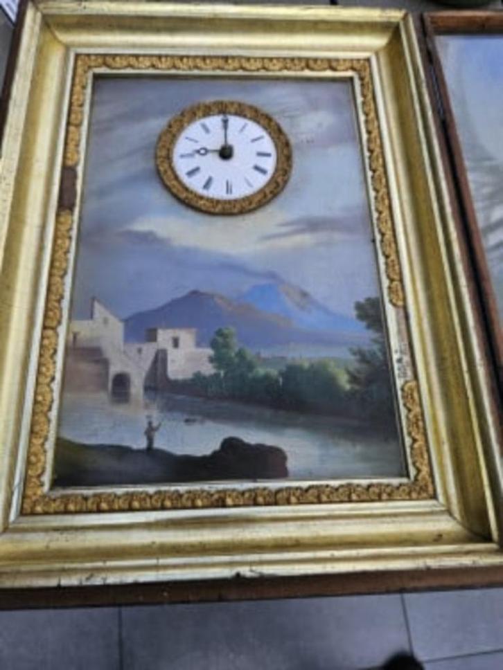 Mooie zeldzame antieke schilderij klok in lijst, schwarzwald, Antiek en Kunst, Antiek | Klokken, Ophalen of Verzenden