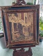 Oud schilderij met mahoniehouten ezel, Ophalen of Verzenden