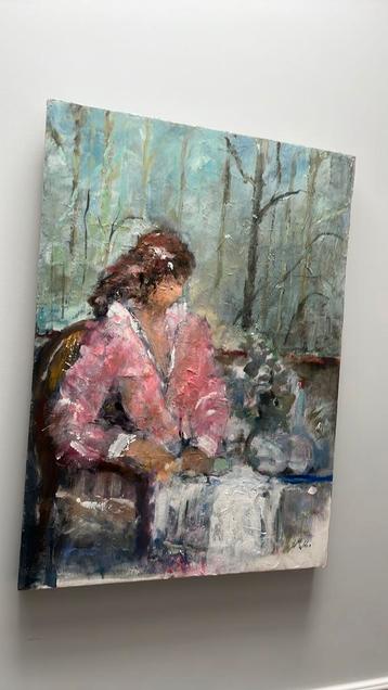 ‘Schrijvende vrouw in serre’, Schilderij Diny Mulder 70x50cm beschikbaar voor biedingen