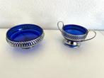 Antieke serveerschaaltjes kobalt blauw glas en licht metaal, Antiek en Kunst, Antiek | Glas en Kristal, Ophalen of Verzenden
