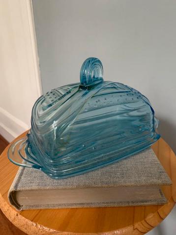 Vintage botervloot kaasstolp glas turkoois ‘50 VEB Duitsland beschikbaar voor biedingen