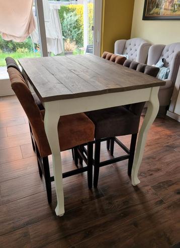 Hoge landelijke hardhouten Queen Anne eettafel met stoelen
